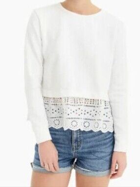 J.Crew White Eyelet Hem Layered Long Sleeve Sweatshirt 100% Cotton Size Small